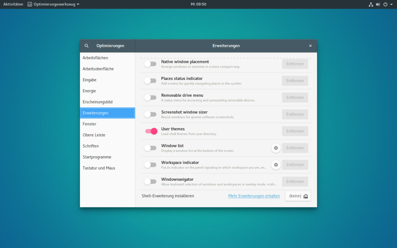Danach lassen sich auch für die Gnome Shell andere Themes auswählen.