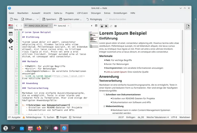 Kate mit Live-Vorschau für Markdown-Dokumente.