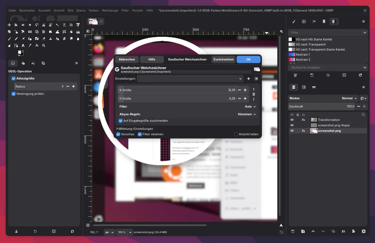 Verstärkt den Lupeneffekt durch Weichzeichnen oder Hinzufügen von Schatten. Diese Effekte helfen, den fokussierten Bereich stärker hervorzuheben.