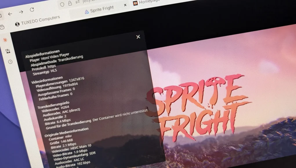 Screenshot eines Video-Players mit dem Titel 'SPRITE FRIGHT' und technischen Informationen auf der linken Seite, einschließlich Video- und Audioformaten.