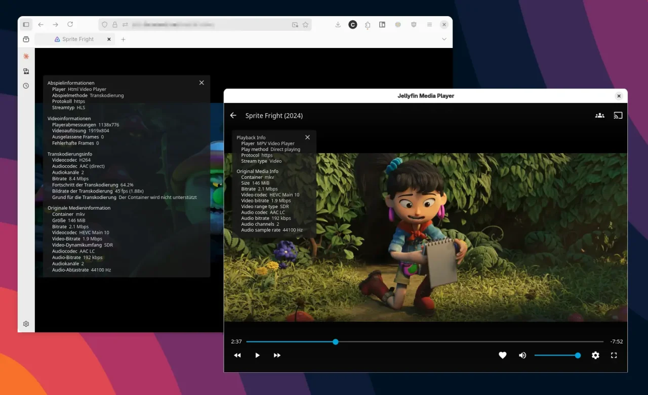 Zwei Fenster auf einem bunten Hintergrund. Links zeigt das Firefox-Browserfenster technische Informationen zu einem Video. Rechts ist der Jellyfin Media Player mit einem Video und Steuerungselementen.