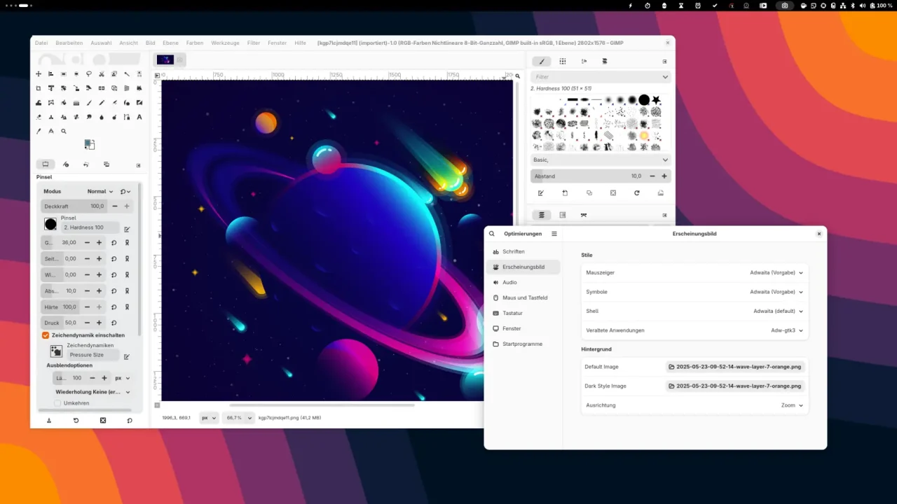 Screenshot der GIMP-Oberfläche mit einem bunten Weltraumdesign, das Planeten und Sterne zeigt. Rechts ist ein Einstellungsfenster mit Text'Einstellungen','Nachrichten','Standard' und'Ausführung'.