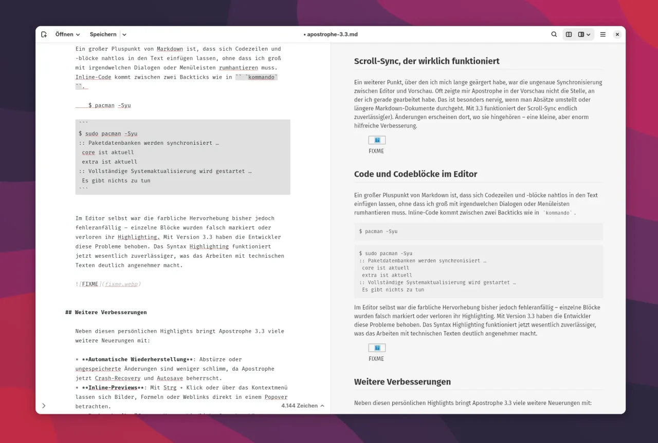 Zwei Spalten mit Text und Codebeispielen in Apostrophe 3.3. Links eine Beschreibung mit Überschrift'Scroll-Sync, der wirklich funktioniert' und Code in grauer Box. Rechts weitere Informationen und Verbesserungen.