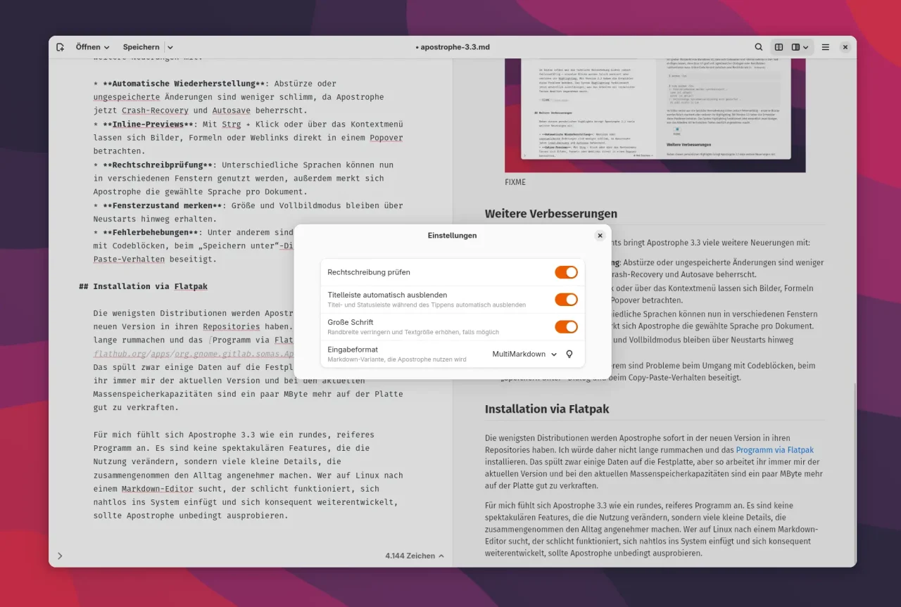 Ein Screenshot zeigt die Einstellungen der App'Apostrophe'. Die Optionen'Rechtschreibung prüfen','Titelleiste ausblenden' und'Eingabefeld' sind sichtbar, mit Schaltern zum Aktivieren oder Deaktivieren.
