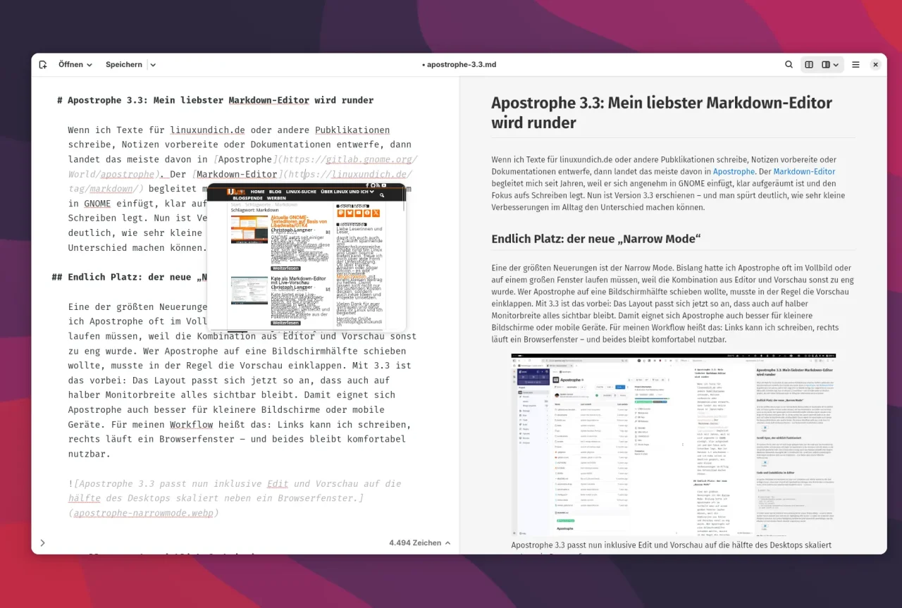 Apostrophe 3.3 mit Splitscreen und Vorschau eines Links: Mein liebster Markdown-Editor wird runder'. Links eine Vorschau des Editors, rechts eine Liste von Funktionen.