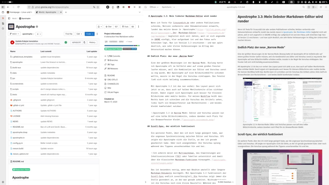 Der komplette GNOME-Desktop. Links auf einer Hälfte Firefox mit der Gitlab-Seite von Apostrophe. Rechts Apostrophe 3.3 mit neuem Narrow Mode, sodass Text und Vorschau nebeneinander passen.