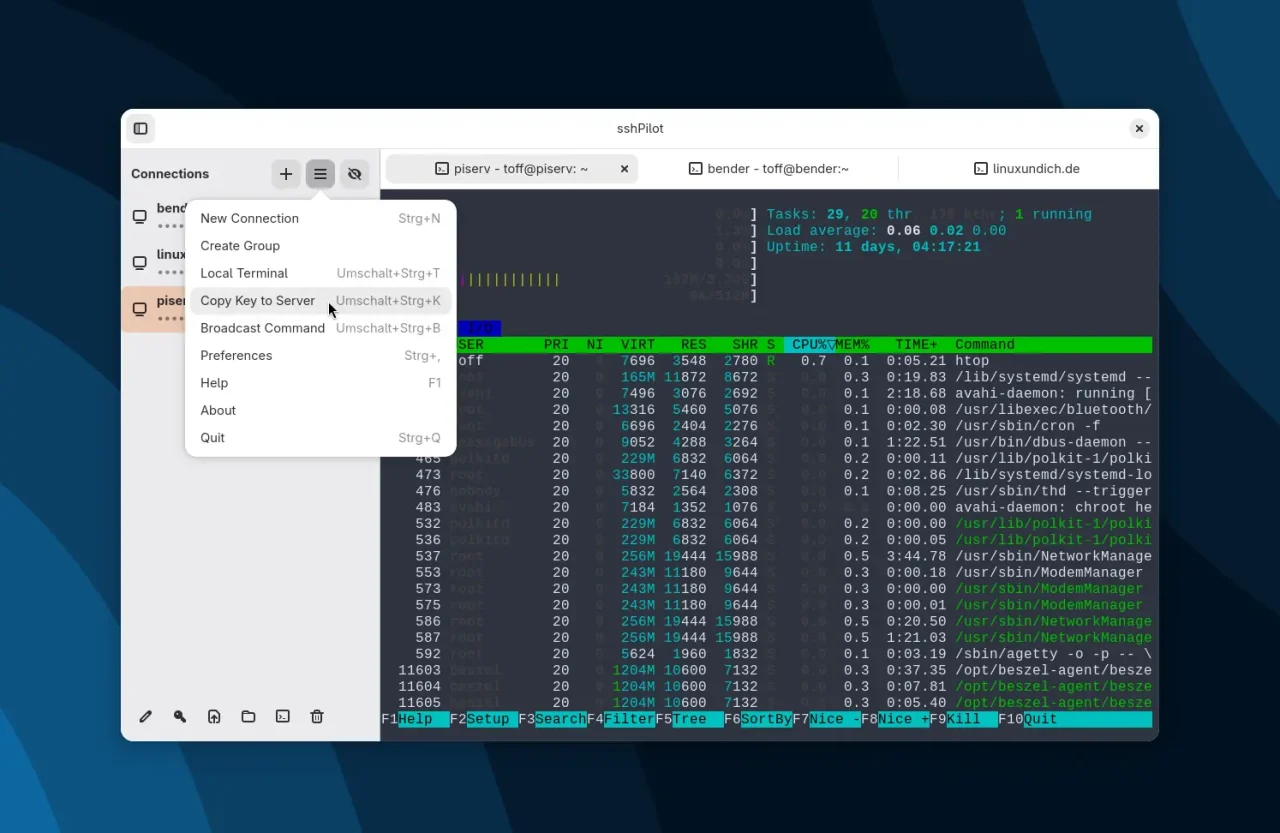 Screenshot der Anwendung'sshPilot' mit einem Menü für Verbindungen. Die Tabelle zeigt verschiedene Verbindungsdetails wie CPU- und Speicherauslastung.