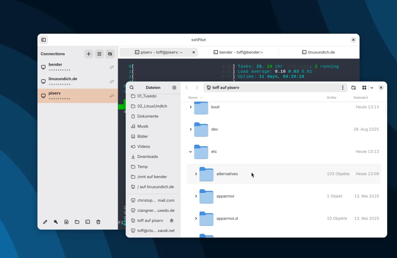 Nautilus Dateimanager mit zwei Fenstern: links eine Verzeichnisstruktur mit'bender' und'sshPilot', rechts eine Liste von Ordnern mit blauen Symbolen, darunter'boot','dev' und'alternatives'.