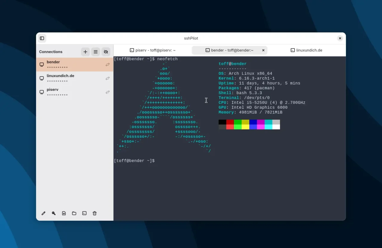 SSHPilot Terminalfenster mit grünem ASCII-Art-Buchstaben'A', dem Logo für Arch Linux. Links eine Verzeichnisstruktur mit Verbindungen. Rechts technische Systeminformationen: Betriebssystem, Architektur, Laufzeit und Farbpalette.