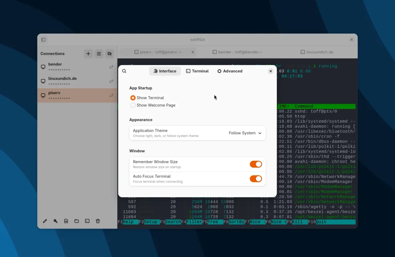 Einstellungen von SSHPilot mit drei Registerkarten:'Interface','Terminal' und'Advanced'. Die Optionen'Show Welcome Page','Application Theme' und'Auto Focus Terminal' sind sichtbar.
