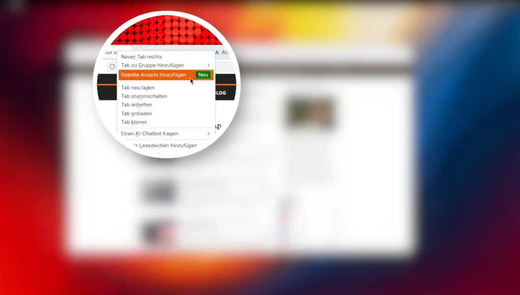 Das Kontextmenü aus Firefox Nightly, um die SplitView-Funktion zu öffnen.