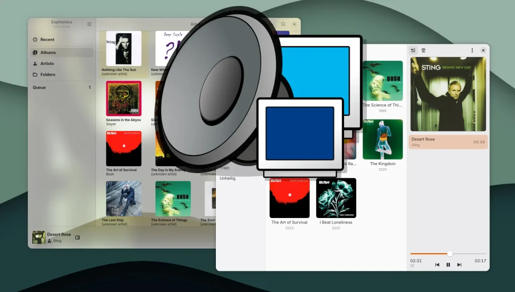 AA-mpd-clients-gtk4 Zwei GTK4-Clients für MPD, Plattenalbum und Euphonica, nebeneinander dargestellt mit dem Logo des Music Player Daemon.