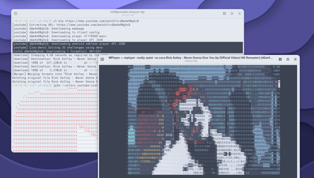 AA-ytdlp-deno Terminal-Ausgabe von yt-dlp beim Herunterladen eines YouTube-Videos mit aktivierter Deno-JavaScript-Engine.