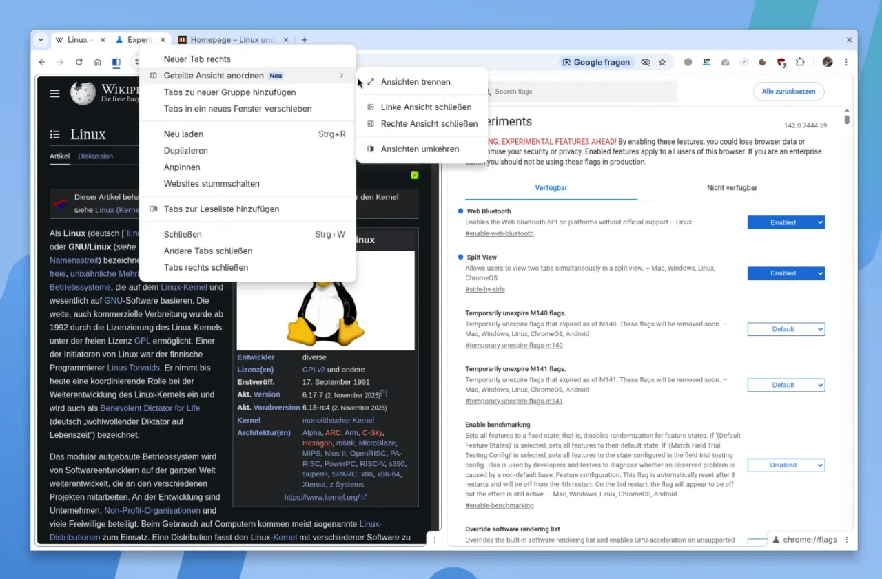 In Google Chrome lässt sich SplitView ebenfalls aktivieren, allerdings derzeit nur über experimentelle Flags. Dort bietet der Browser bereits zusätzliche Organisationsoptionen für geteilte Tabs.