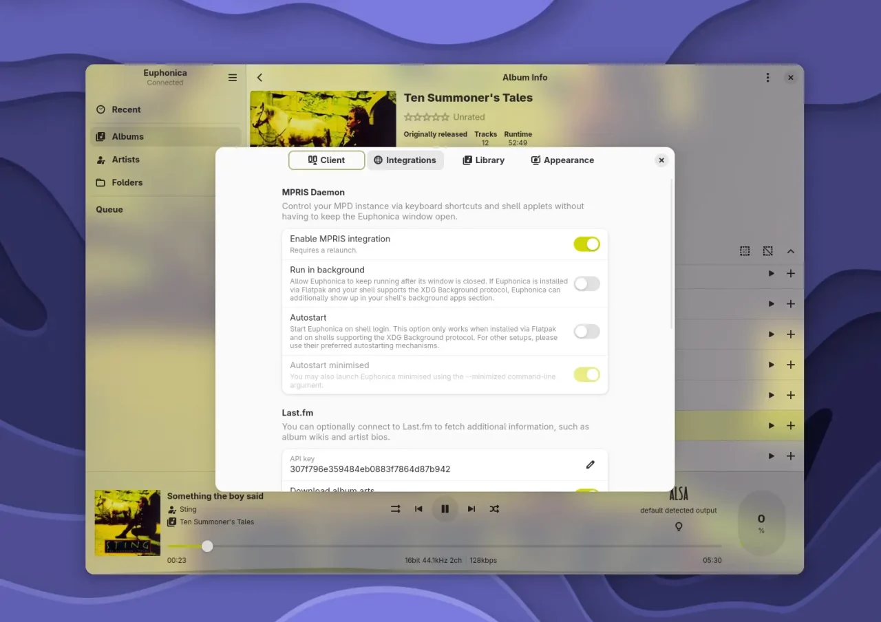 Das Einstellungsfenster bietet zahlreiche Optionen, die eine individuelle Anpassung des Clients an die eigene MPD-Umgebung ermöglichen.