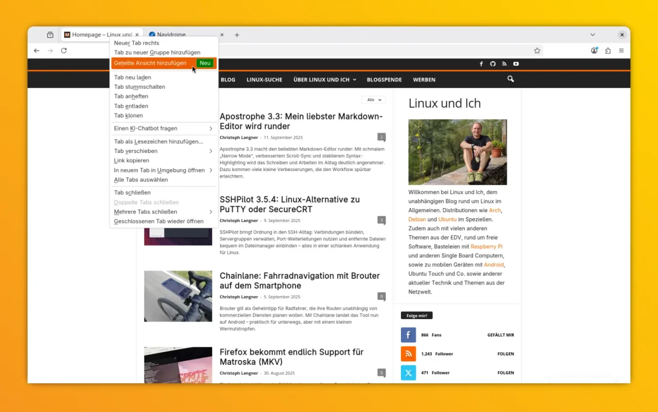 Firefox Nightly mit einem klassischen Tab. Die Benutzeroberfläche entspricht dem aktuellen Stand der Nightly-Version ohne aktivierte SplitView-Funktion.
