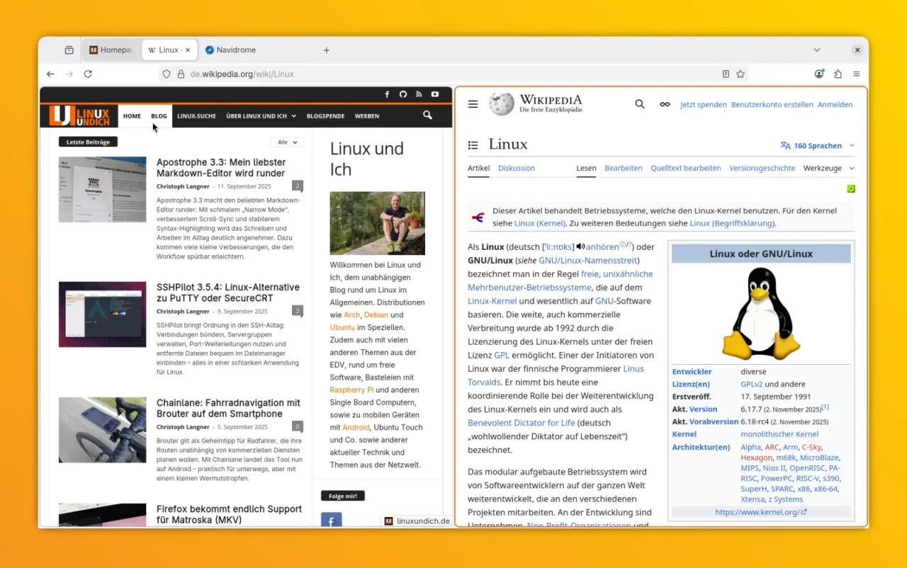 Firefox Nightly mit aktivierter SplitView-Ansicht: Zwei Webseiten lassen sich im selben Tab nebeneinander darstellen – ideal zum Vergleichen oder parallelen Arbeiten ohne Fensterchaos.