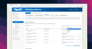 Benutzeroberfläche der FRITZ!Box 5690 Pro mit geöffnetem DNS-Filter-Menü und Dropdown-Auswahl für Aktualisierungsintervalle.