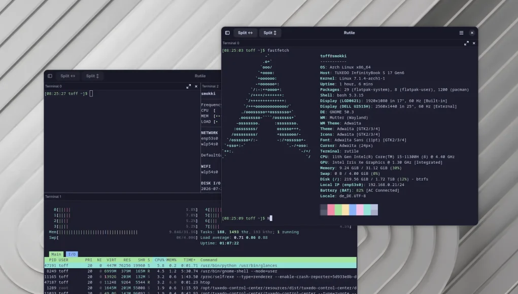 Drei geöffnete Terminalfenster des Rutile-Emulators unter GNOME auf Arch Linux mit Systeminformationen, ASCII-Art des Arch-Linux-Logos und laufenden Prozessen.