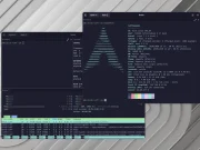 Drei geöffnete Terminalfenster des Rutile-Emulators unter GNOME auf Arch Linux mit Systeminformationen, ASCII-Art des Arch-Linux-Logos und laufenden Prozessen.