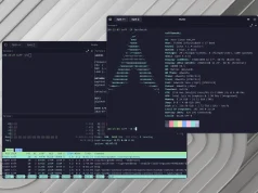 Drei geöffnete Terminalfenster des Rutile-Emulators unter GNOME auf Arch Linux mit Systeminformationen, ASCII-Art des Arch-Linux-Logos und laufenden Prozessen.