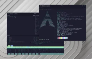 Drei geöffnete Terminalfenster des Rutile-Emulators unter GNOME auf Arch Linux mit Systeminformationen, ASCII-Art des Arch-Linux-Logos und laufenden Prozessen.