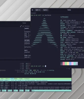 Drei geöffnete Terminalfenster des Rutile-Emulators unter GNOME auf Arch Linux mit Systeminformationen, ASCII-Art des Arch-Linux-Logos und laufenden Prozessen.