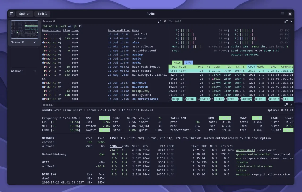 Terminal-Emulator Rutile unter GNOME auf Arch Linux mit mehreren geöffneten Terminals, die Systeminformationen, Dateilisten und CPU-Auslastung anzeigen.