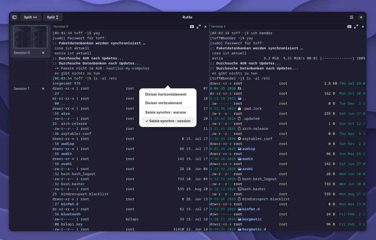 Zwei nebeneinander angeordnete Terminalfenster mit Linux-Befehlen und Dateilisten, im linken Fenster ein Dropdown-Menü mit Optionen zum horizontalen und vertikalen Teilen sowie synchroner Eingabe.