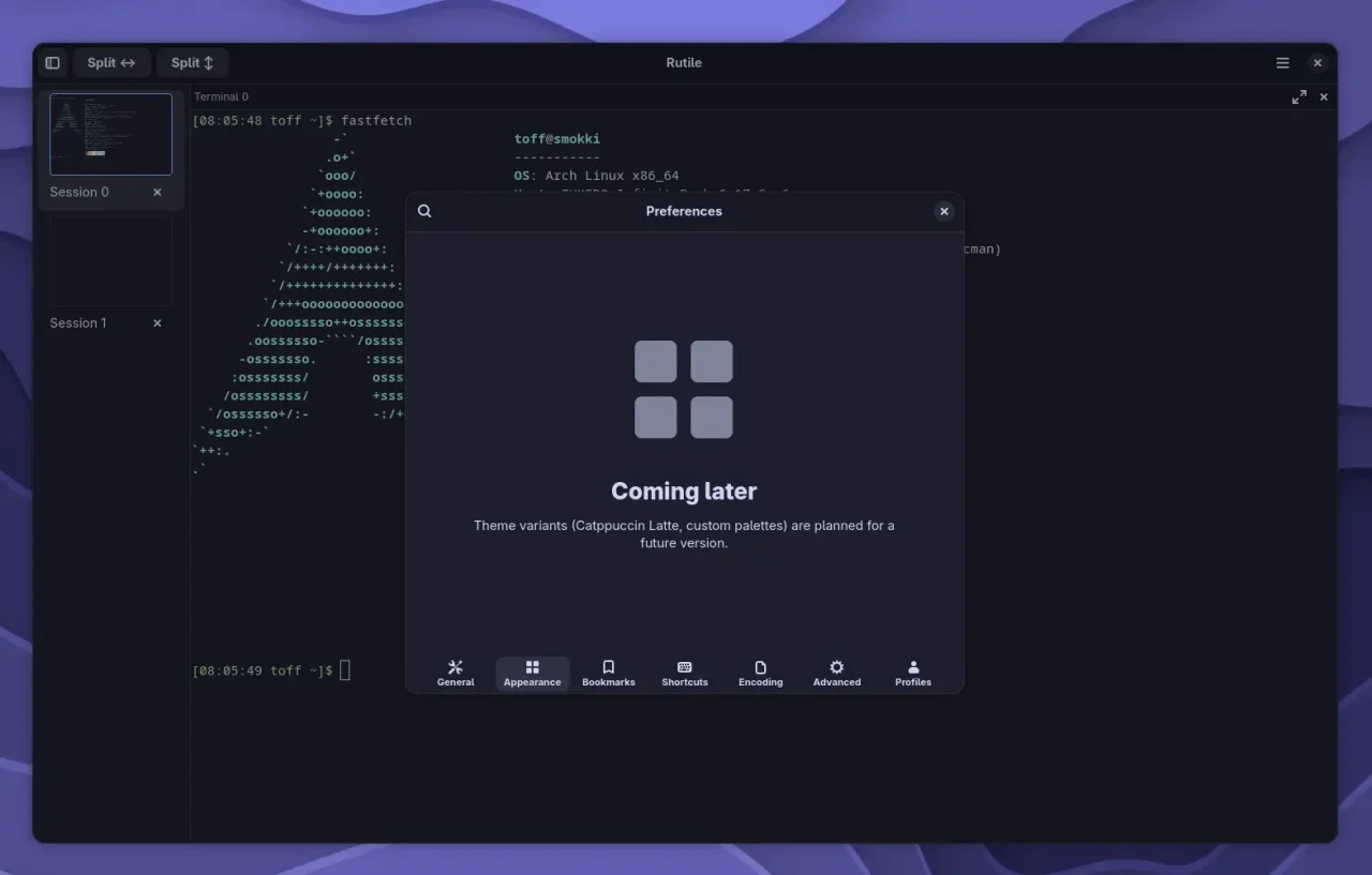 Screenshot des Rutile-Terminals mit ASCII-Art-Logo und einem geöffneten Einstellungsfenster mit dem Text'Coming later' und Hinweisen auf zukünftige Theme-Varianten.