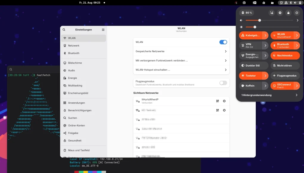 Ein Computerbildschirm zeigt eine grafische Benutzeroberfläche eines Linux-Desktops. Links ist ein Einstellungsfenster mit einer Seitenleiste zu sehen, in der »Netzwerk«, »Bluetooth«, »Hintergrund« und weitere Menüpunkte aufgelistet sind. Der Hauptbereich zeigt WLAN-Einstellungen mit einer Liste verfügbarer Netzwerke. Rechts oben ist ein aufklappbares Systemmenü geöffnet, das Netzwerkverbindungen, Lautstärke, Helligkeit und weitere Schnellzugriffe anzeigt. Im Hintergrund ist ein Terminalfenster mit ASCII-Grafik und einer Farbpalette sichtbar. Der Hintergrund ist dunkelblau mit kleinen, verstreuten Punkten.