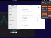 Ein Computerbildschirm zeigt eine grafische Benutzeroberfläche eines Linux-Desktops. Links ist ein Einstellungsfenster mit einer Seitenleiste zu sehen, in der »Netzwerk«, »Bluetooth«, »Hintergrund« und weitere Menüpunkte aufgelistet sind. Der Hauptbereich zeigt WLAN-Einstellungen mit einer Liste verfügbarer Netzwerke. Rechts oben ist ein aufklappbares Systemmenü geöffnet, das Netzwerkverbindungen, Lautstärke, Helligkeit und weitere Schnellzugriffe anzeigt. Im Hintergrund ist ein Terminalfenster mit ASCII-Grafik und einer Farbpalette sichtbar. Der Hintergrund ist dunkelblau mit kleinen, verstreuten Punkten.