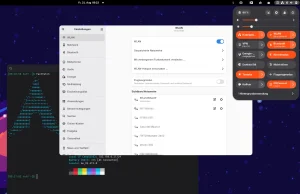 Ein Computerbildschirm zeigt eine grafische Benutzeroberfläche eines Linux-Desktops. Links ist ein Einstellungsfenster mit einer Seitenleiste zu sehen, in der »Netzwerk«, »Bluetooth«, »Hintergrund« und weitere Menüpunkte aufgelistet sind. Der Hauptbereich zeigt WLAN-Einstellungen mit einer Liste verfügbarer Netzwerke. Rechts oben ist ein aufklappbares Systemmenü geöffnet, das Netzwerkverbindungen, Lautstärke, Helligkeit und weitere Schnellzugriffe anzeigt. Im Hintergrund ist ein Terminalfenster mit ASCII-Grafik und einer Farbpalette sichtbar. Der Hintergrund ist dunkelblau mit kleinen, verstreuten Punkten.
