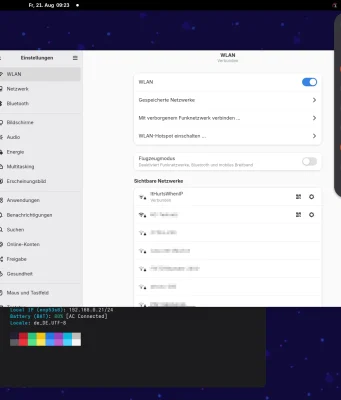 Ein Computerbildschirm zeigt eine grafische Benutzeroberfläche eines Linux-Desktops. Links ist ein Einstellungsfenster mit einer Seitenleiste zu sehen, in der »Netzwerk«, »Bluetooth«, »Hintergrund« und weitere Menüpunkte aufgelistet sind. Der Hauptbereich zeigt WLAN-Einstellungen mit einer Liste verfügbarer Netzwerke. Rechts oben ist ein aufklappbares Systemmenü geöffnet, das Netzwerkverbindungen, Lautstärke, Helligkeit und weitere Schnellzugriffe anzeigt. Im Hintergrund ist ein Terminalfenster mit ASCII-Grafik und einer Farbpalette sichtbar. Der Hintergrund ist dunkelblau mit kleinen, verstreuten Punkten.