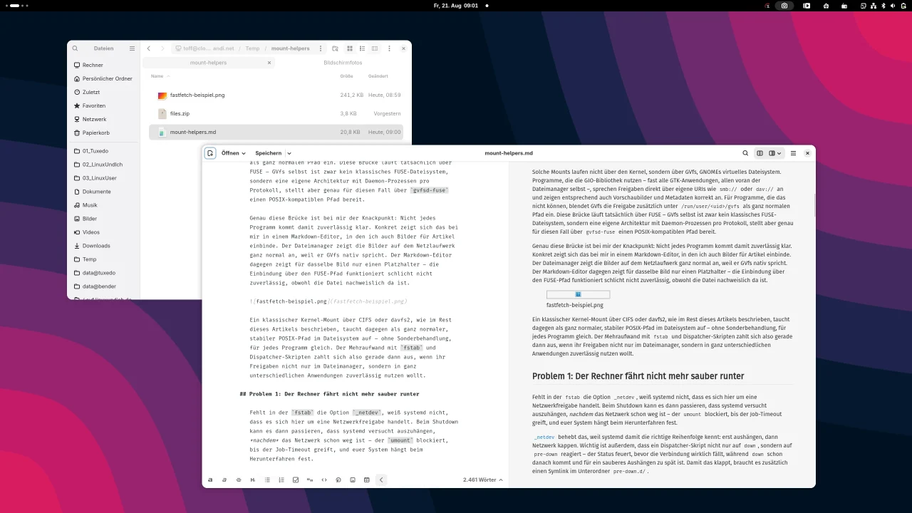 Zwei Fenster sind auf einem Computerbildschirm geöffnet. Links ist ein Texteditor mit einer Datei, die einen strukturierten Text mit Überschriften und Absätzen zeigt. Rechts befindet sich ein Dokumentenbetrachter mit einem längeren Fließtext, der ebenfalls Absätze und eine Überschrift enthält. Im Hintergrund ist ein Desktop mit einem Verlauf aus dunklen und violetten Farbtönen sichtbar. Die Benutzeroberfläche zeigt oben eine Menüleiste mit Symbolen und Uhrzeit.