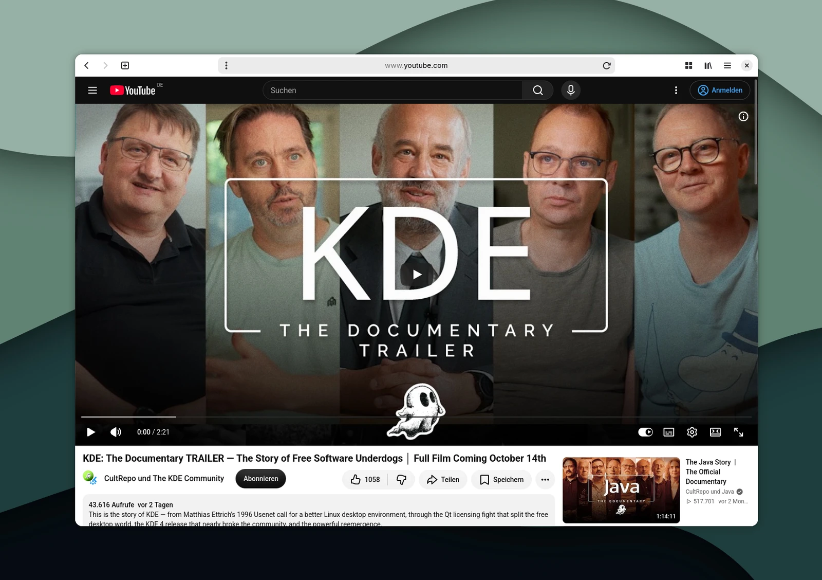 Screenshot einer YouTube-Seite mit fünf Männern im oberen Bereich und dem Text 'KDE THE DOCUMENTARY TRAILER' in der Mitte.