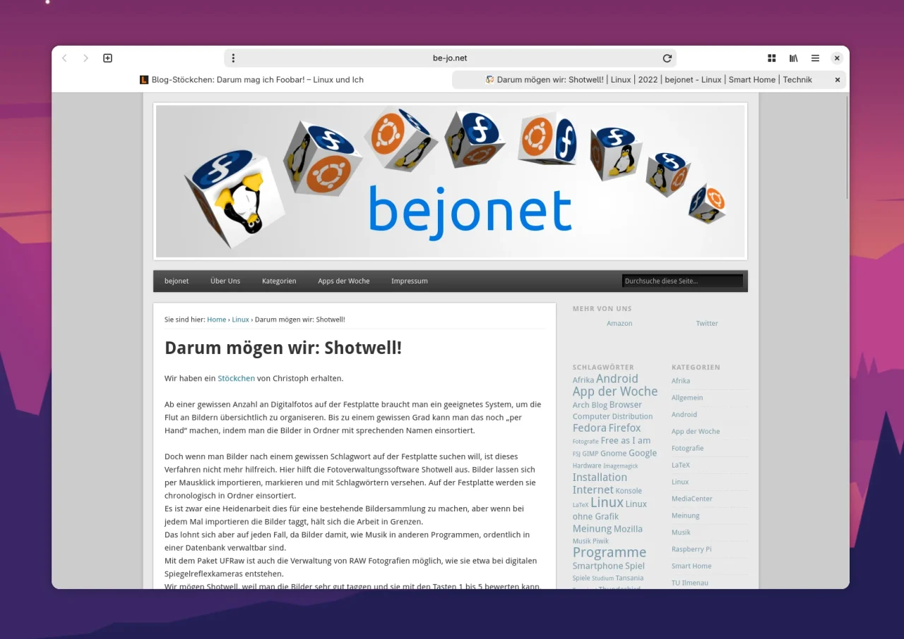 Ein geöffnetes Browserfenster zeigt einen deutschsprachigen Blogartikel auf der Webseite bejonet mit der Überschrift Darum mögen wir: Shotwell!. Im oberen Bereich befindet sich ein weißes Banner mit dem blauen Schriftzug bejonet, das von dreidimensionalen Würfeln mit verschiedenen Linux-Logos und Tux-Pinguinen umgeben ist. Darunter erstreckt sich der Fließtext zur Fotoverwaltungssoftware, flankiert von einer rechten Seitenleiste mit einer Schlagwort-Wolke und Kategorien-Links.