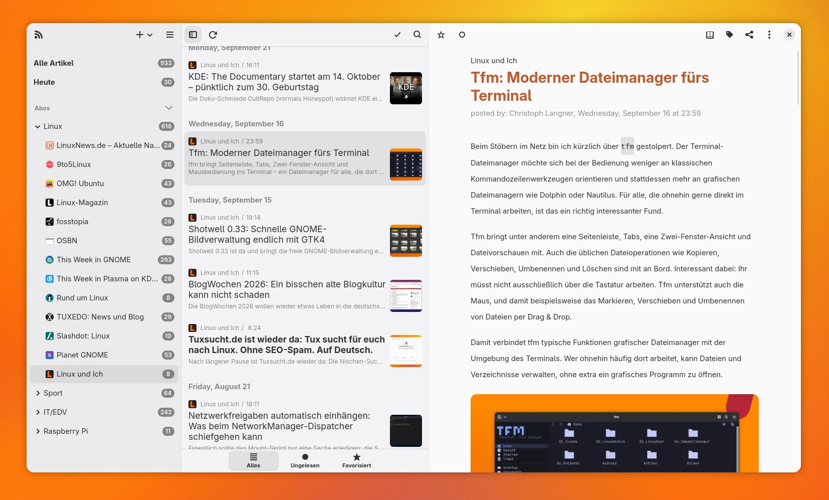 Benutzeroberfläche eines RSS-Feed-Readers mit Feedliste, Artikelliste und geöffnetem Beitrag.