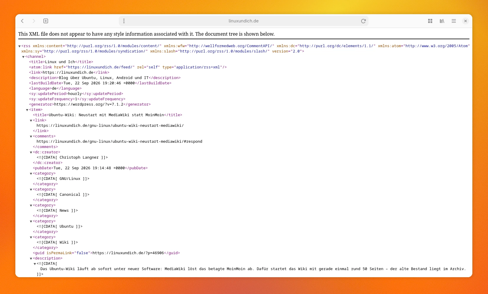 Ein Browserfenster zeigt den unformatierten XML-Code eines RSS-Feeds von linuxundich.de.