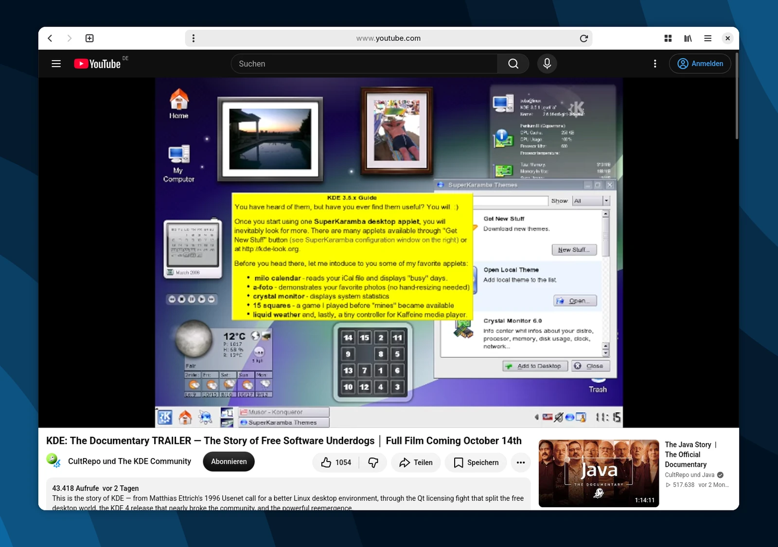 Screenshot einer YouTube-Seite mit einem Video über KDE, das eine Desktop-Umgebung mit mehreren geöffneten Fenstern und einem gelb markierten Textabschnitt zeigt.