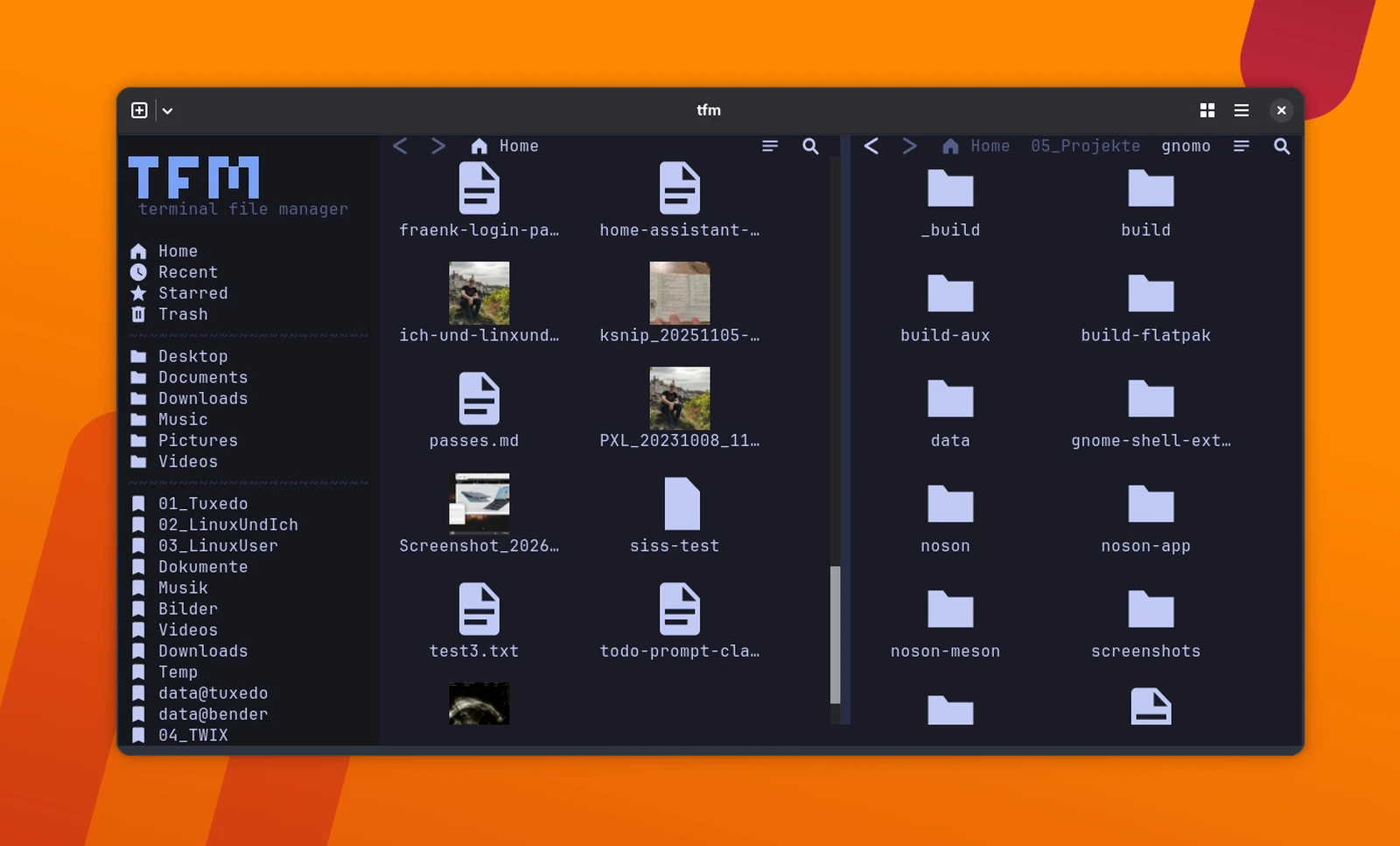 tfm im Dual-Pane-Modus mit zwei Dateifenstern. Die Ansicht erleichtert das parallele Arbeiten mit Dateien und Verzeichnissen.