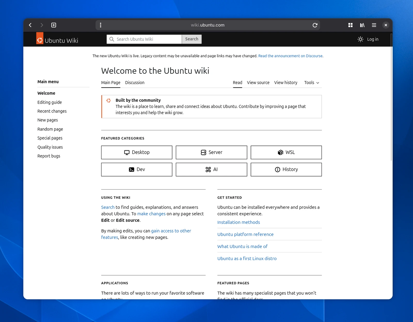 Die Startseite des Ubuntu-Wikis in einem geöffneten Webbrowser-Fenster.