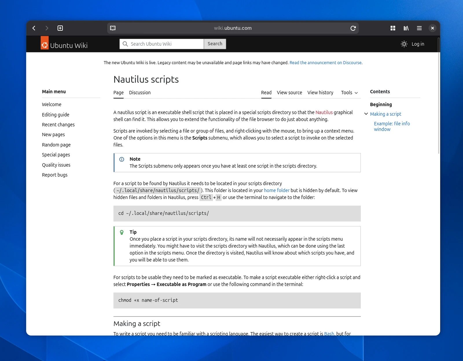 Geöffnetes Browserfenster mit der Ubuntu-Wiki-Seite zum Thema Nautilus-Skripte.
