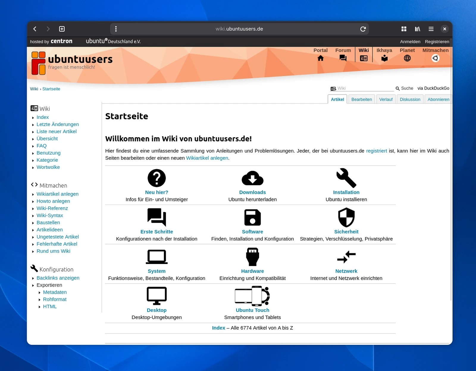 Geöffnetes Browserfenster mit der Startseite des Ubuntuusers.de-Wikis und verschiedenen Themenkategorien.