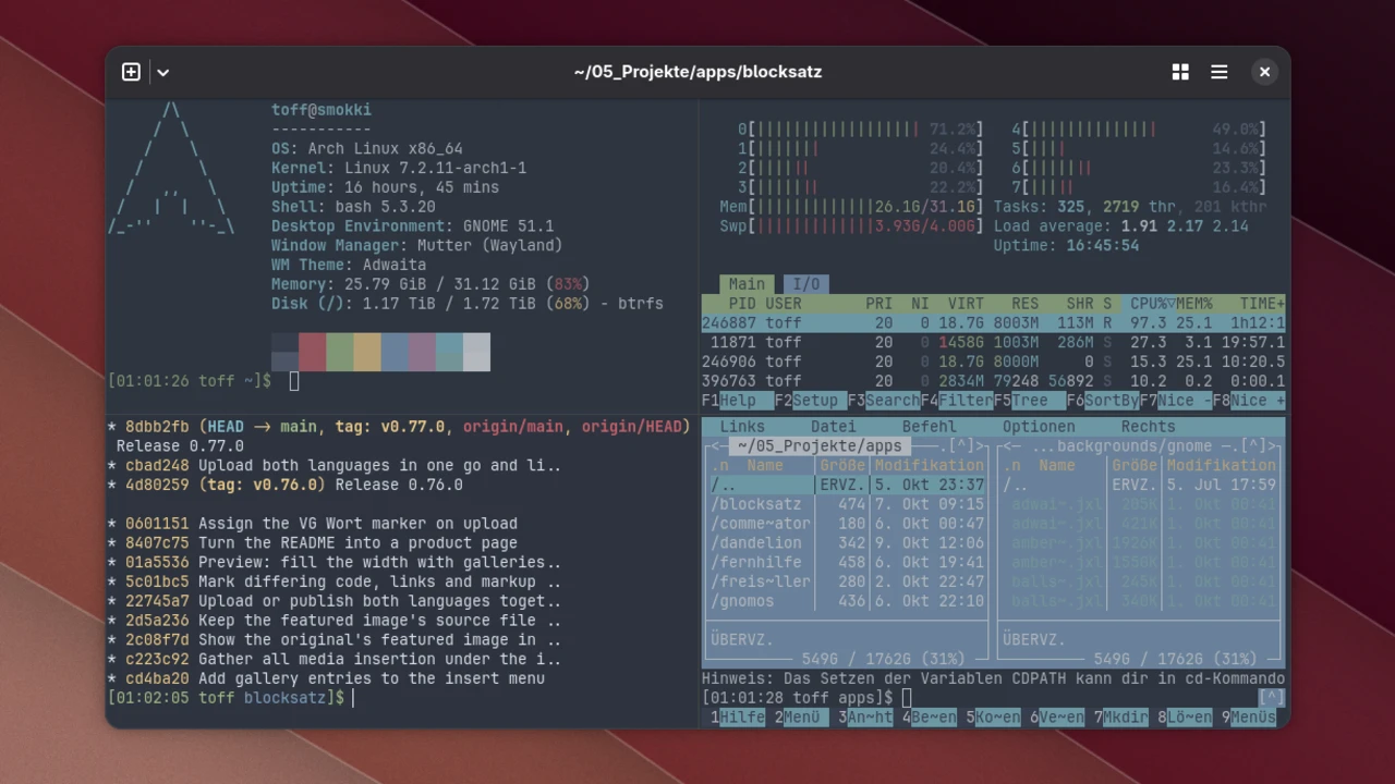 Ghostty-Fenster auf dem GNOME-Desktop mit vier Splits: Fastfetch, htop, ein Git-Log und der Midnight Commander