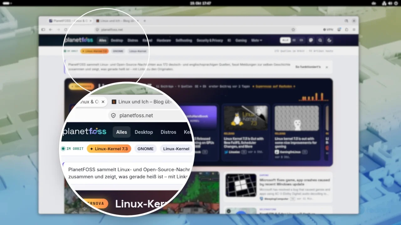 Fedora-Desktop mit Firefox und der PlanetFOSS-Startseite, Lupe auf der Themenleiste Im Orbit mit Linux-Kernel 7.3, GNOME und Linux-Kernel, darunter das Supernova-Band mit Verlaufsgrafik