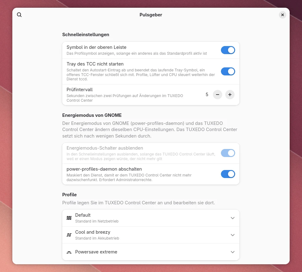 Die Einstellungen von Pulsgeber mit den Schaltern für das Symbol in der oberen Leiste, das Tray des TCC, das Prüfintervall, den Energiemodus von GNOME und den power-profiles-daemon