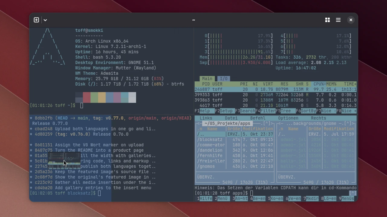 Ghostty beim Verschieben des htop-Splits, die linke Hälfte des Git-Log-Splits ist als Ablageziel blau eingefärbt