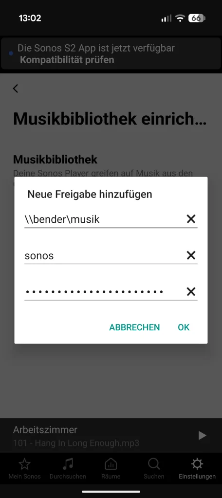 Eingabe von Freigabepfad, Benutzer und Passwort in der Sonos-S1-App