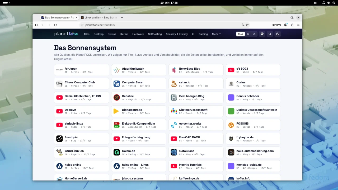 Seite Das Sonnensystem auf planetfoss.net in Firefox unter Fedora, Raster aus Quellenkarten, etwa heise online, Golem.de, GNU/Linux.ch und c't 3003